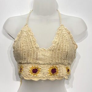 Women's Crochet Sunflower Crop Top Sz M Cream Cotton Boho Festival Coachella